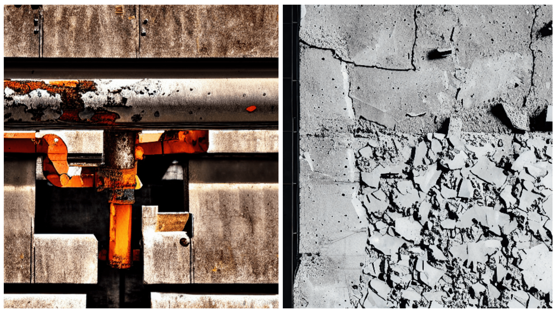 steel and concrete materials rusting and crumbling in structure building materials, 