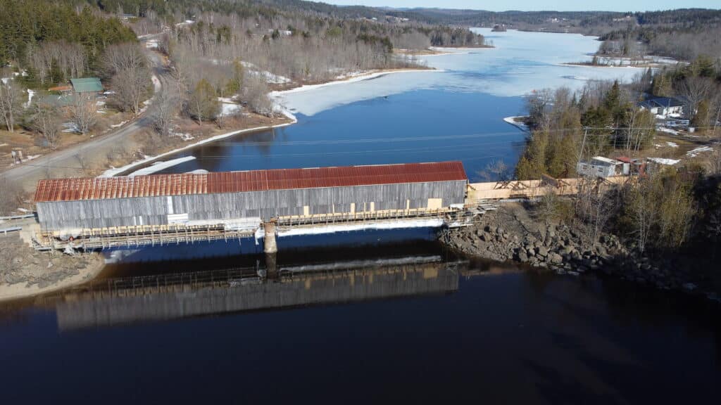 Aerial side view of the Bayswater Covered Bridge