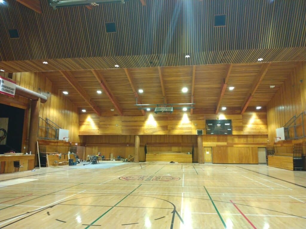 Completed timber structure at the Gitlaxt'aamiks Rec Center