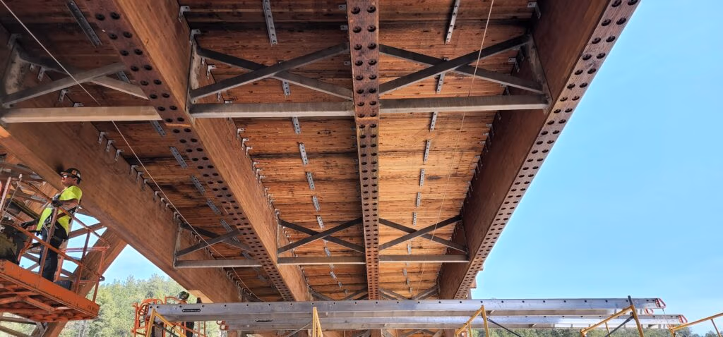 Underside of the Keystone Wye bridge showing glulam girders