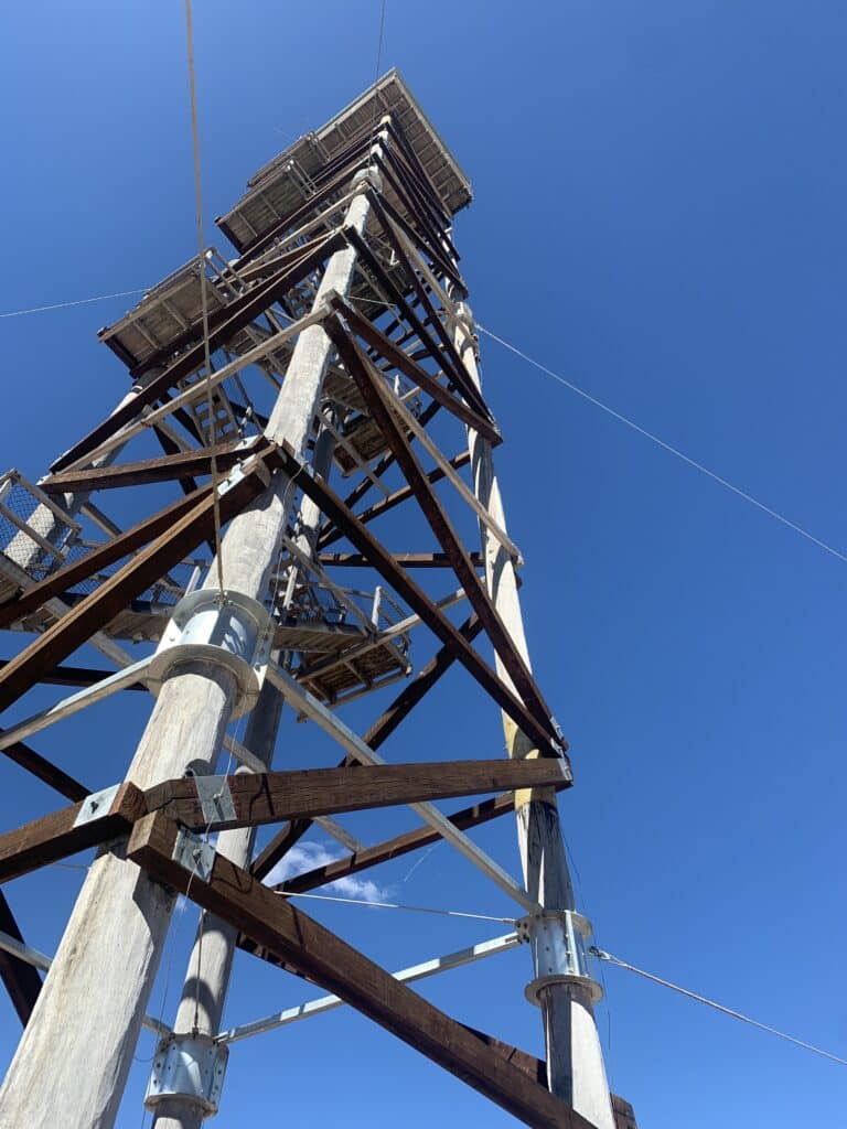 Looking up the full height of the restored Waaje Fire Tower