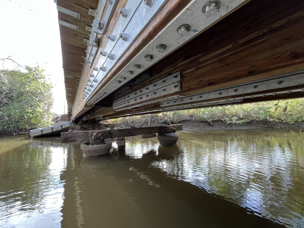 Underside of the River Road Bridge showing the glulam girders